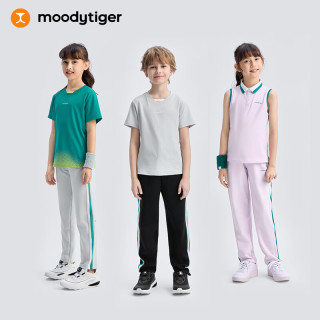 moodytiger 儿童裤子弹力亲肤夏季男童长裤撞色舒适户外休闲女童直筒运动裤 月魄灰 130