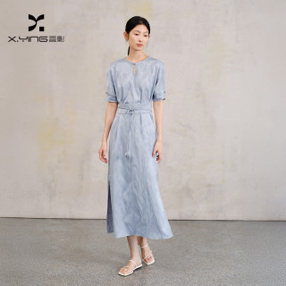 香影 新中式旗袍高级感提花连衣裙女国风珠扣旗袍秋裙子短袖款 蓝色 XL