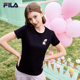 FILA 凉感短袖T恤26新款女装针织时尚休闲小猫刺绣圆领