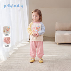 jellybaby 女童立体帽子小熊拼色卫衣套装 粉色