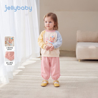 jellybaby 女童立体帽子小熊拼色卫衣套装 粉色