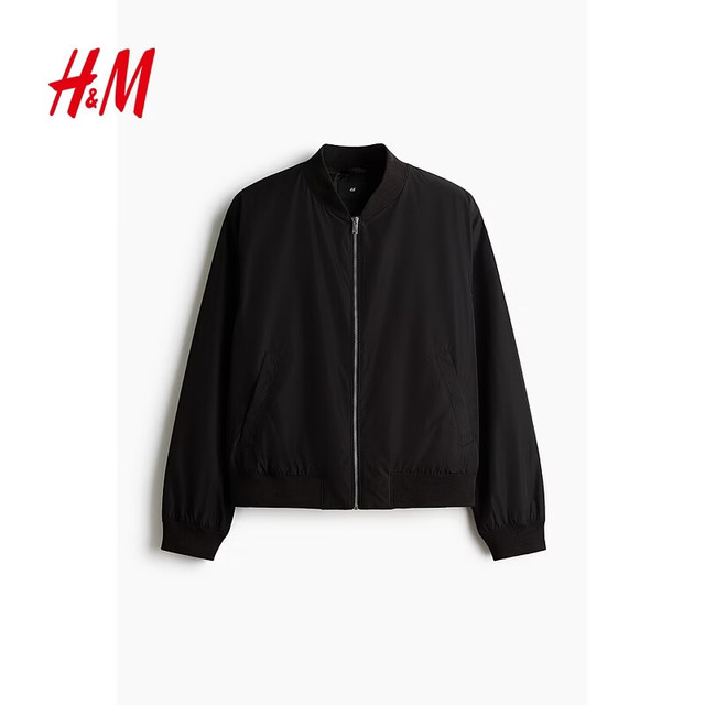 H&M 男装夹克2026夏季新款轻便飞行员合身外出无帽拉链外套1318394 黑色 L 175/108