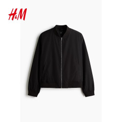 H&M 男装夹克2026夏季新款轻便飞行员合身外出无帽拉链外套1318394 黑色 L 175/108