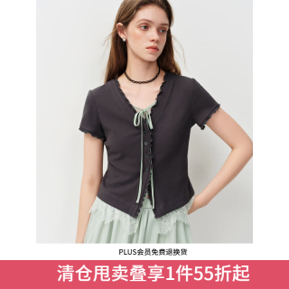 范思蓝恩 设计感系带蕾丝拼接假两件T恤2026夏新款绑带针织衫2030