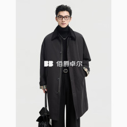 伯爵卓尔 翻领格纹长款设计羽绒服男假两件保暖外套2025冬季新款 K553813 月夜黑 XL (180)
