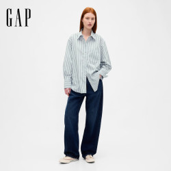 Gap 女装秋季纯棉宽松翻领长袖衬衫通勤上衣美版799379 绿色条纹 S 美码  亚洲码165/88A