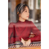 茵曼 木耳边高领泡泡袖 女士针织衫
