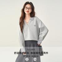 秋水伊人 时尚撞色拼接假两件秋季V字翻领卫衣配胸针