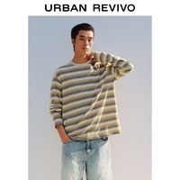URBAN REVIVO UML460178 撞色条纹圆领长袖T恤 绿卡其条纹 XS