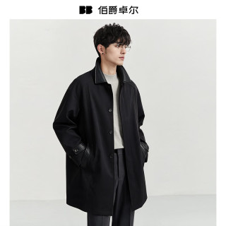 伯爵卓尔 拼接翻领老钱风衣男士中长款2026秋季新款英伦通勤外套男 D631456 墨隐黑 L (175)