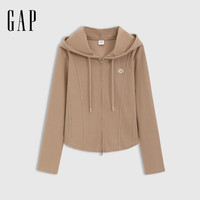 Gap 女装秋季logo弹力罗纹拉链连帽长袖外套常规上衣729465 卡其色 M 亚洲尺码