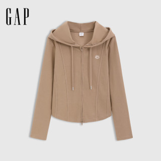 Gap 女装秋季logo弹力罗纹拉链连帽长袖外套常规上衣729465 卡其色 M 亚洲尺码