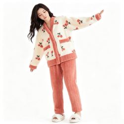 红豆居家 加绒加厚女士开衫睡衣套装 蜜橘粉 S