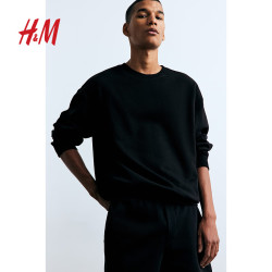 H&M 男装女装卫衣春季落肩宽松加绒美式落肩袖情侣套头衫0970818 黑色 XS 165/84