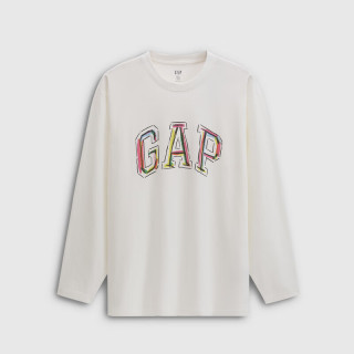 Gap 男女装秋季logo涂鸦印花纯棉宽松长袖T恤上衣787426 白色 L (175/96A) 亚洲尺码
