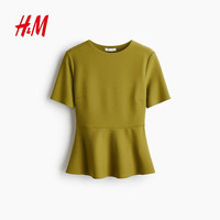 H&M 女装T恤夏季时尚喇叭裙式下摆简约酒红色上衣1303338 橄榄绿 M 165/96