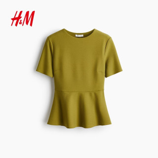 H&M 女装T恤夏季时尚喇叭裙式下摆简约酒红色上衣1303338 橄榄绿 M 165/96