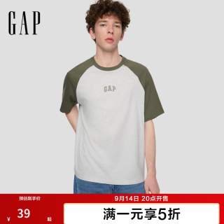 Gap 男女装秋季纯棉logo撞色插肩短袖T恤725618 浅灰色 M (170/92A) 亚洲尺码