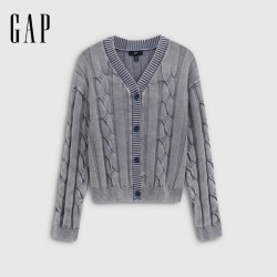 Gap 女装秋季纯棉绞花宽松V领针织开衫休闲上衣859876 蓝灰色 M (165/88A)亚洲尺码