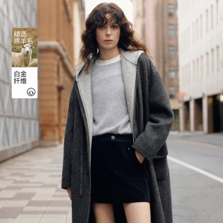ELLE 绵羊毛连帽马甲双面呢大衣女26冬季新款毛呢外套