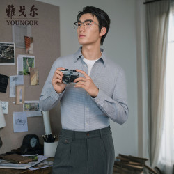 雅戈尔 格纹长袖衬衫 牦牛绒混纺 保暖休闲衬衫