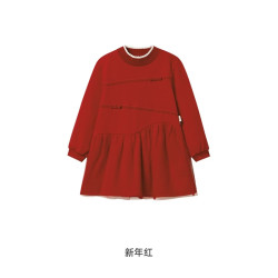 英氏 女童裙子加绒秋冬保暖女童连衣裙长袖裙子喜庆拜年服 新年红