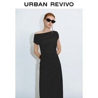 URBAN REVIVO UWG760230+ 修身褶皱露肩 正黑 M 连衣裙