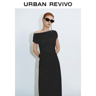 URBAN REVIVO UWG760230+ 修身褶皱露肩 正黑 M 连衣裙