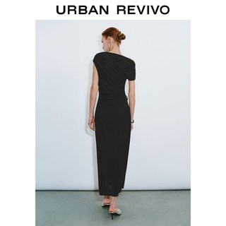 URBAN REVIVO UWG760230+ 修身褶皱露肩 正黑 M 连衣裙