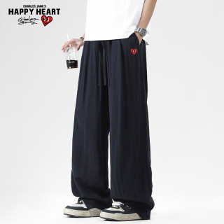 CHARLES JANG'S HAPPY HEART 爱心刺绣抽绳肌理感阔腿裤透气休闲日常裤装 黑色    2XL