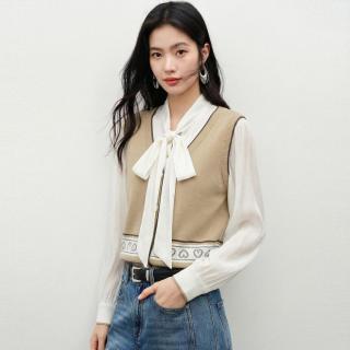 衣香丽影 蝴蝶结飘带衬衫女春秋慵懒风撞色上衣