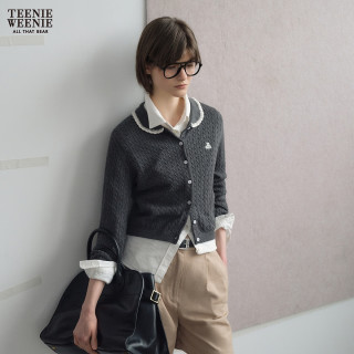 TEENIE WEENIE 五折 小熊女装毛衣26年春季新款时髦撞色手钩花边翻领开衫 煤灰色 XL