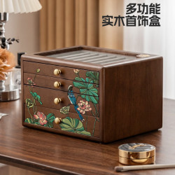 木易 轻奢感中古风实木首饰盒收纳盒精致礼物戒指耳环项链饰品收纳箱 鹤间鹤语-可视四层首饰盒-奥古曼木