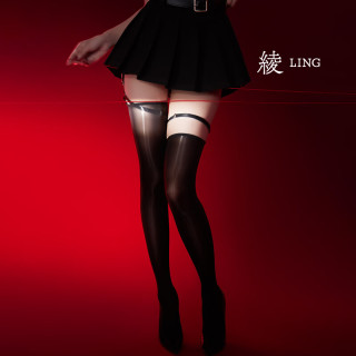 绫 天生丝滑绫lingerie「缚」凝脂™10D性感腿环绑带诱惑一体吊带袜过膝袜 Black黑色 1双 L 码