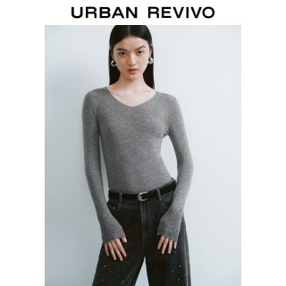 UR UR2026秋季新款女装休闲日常纯色V领修身长袖针织衫UWB960003 冷灰 XS