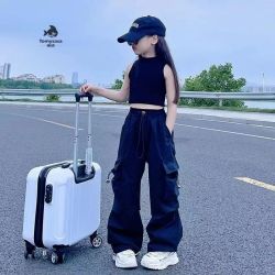 Tomy＆Sasa 韩系工装裤女童秋季长裤子中大童儿童2026春秋新款潮流阔腿束脚裤