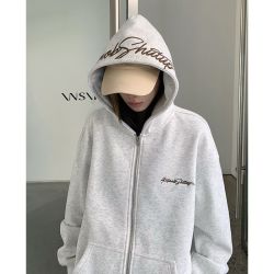 404MOBGANG 404MOB复古美式秋冬花体字母刺绣连帽开衫卫衣男休闲潮流加绒外套