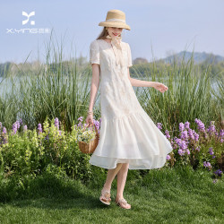 香影 假两件白色连衣裙女2026夏季新款重工刺绣提花度假风优雅长裙 鹭白 M 160/84A/95-110斤