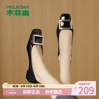 木林森 女鞋休闲单鞋 软底方头小皮鞋通勤百搭一脚蹬低跟女士浅口单鞋子