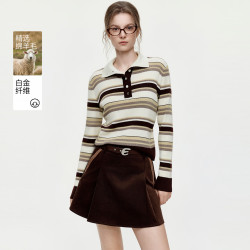 ELLE 复古美拉德撞色polo领针织衫女2026冬季新款慵懒休闲毛衣上衣 条纹