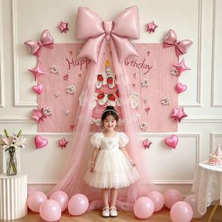 寻年味 公主宝宝周岁生日派对粉色蝴蝶结气球蛋糕背景布女宝拍照出片装饰