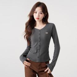 真维斯 美式辣妹V领假开衫长袖T恤女春夏设计感修身显瘦打底上衣
