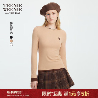 TEENIE WEENIE 小熊女装T恤2025秋季简约线条撞色拼接长袖上衣 卡其色 M