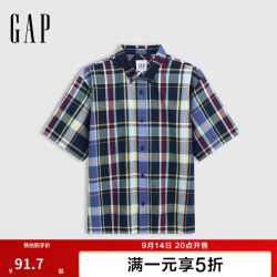Gap 男女装秋季格纹翻领短袖衬衫宽松简约休闲上衣731134 海军蓝格纹 L (175/96A) 亚洲尺码