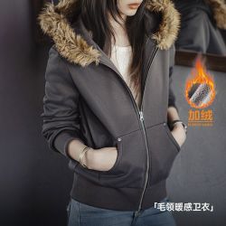 马登 美式灰色摇粒绒保暖毛领拉链开衫连帽加厚卫衣外套上衣女秋冬