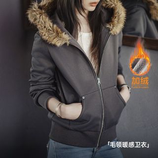 百亿补贴：马登 美式灰色摇粒绒保暖毛领拉链开衫连帽加厚卫衣外套上衣女秋冬
