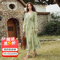 OLRAIN 2026秋季连衣裙女装度假休闲V领刺绣抽绳收腰显瘦大摆长裙 绿色 M