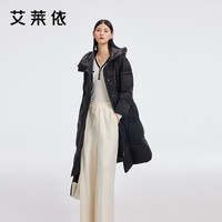 艾莱依 双线格连帽长款加厚羽绒服 阑夜墨空