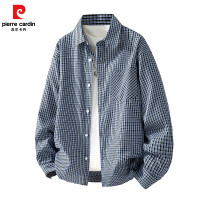 皮尔·卡丹 男士棉格子长袖衬衫 蓝黑格