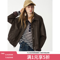 范思蓝恩 通勤百搭短款下摆抽绳皮衣女2026秋新款宽松显瘦外套3157 巧克力咖 S
